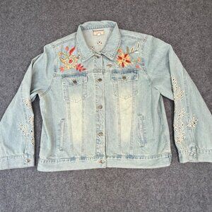Johnny Was Workshop Womens Lidia Denim Jacket Embroidered Floral Sz XL Boho Lux